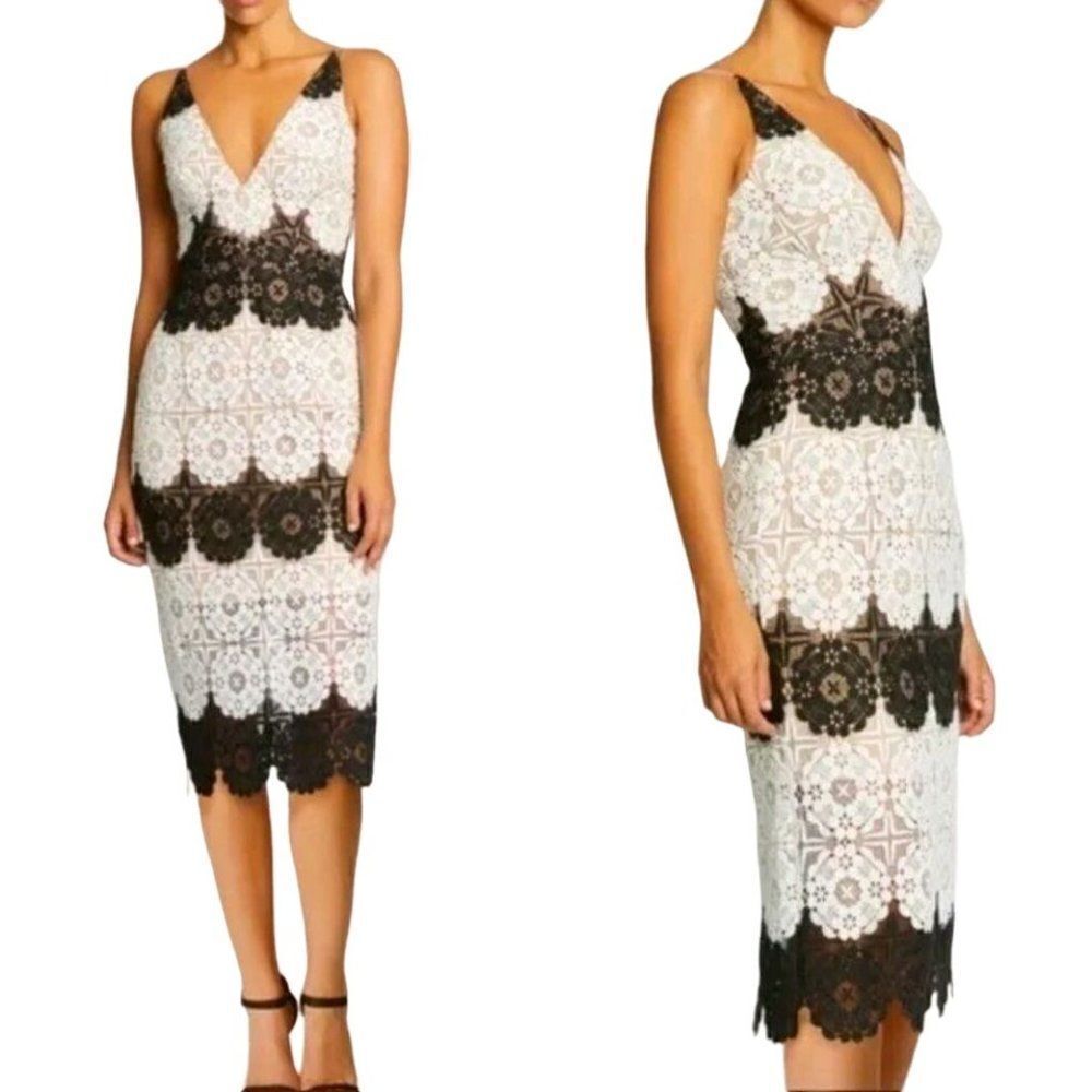 Dress the Population Vera Lace Midi Dress M Black‎ White Sleeveless Scalloped